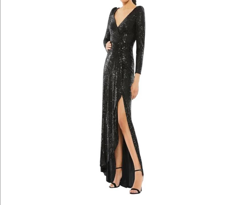 NEW MAC DUGGAL women's sequin long sleeve gown in black